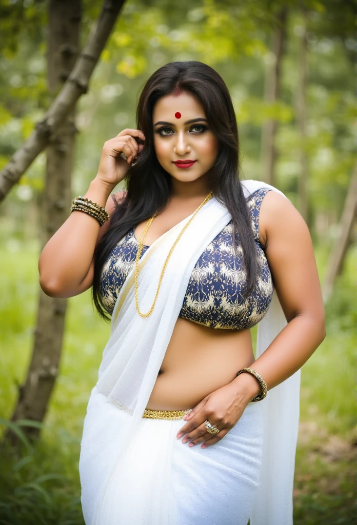 This photograph features a woman posing outdoors in a lush, green forest setting. She is a South Asian woman with a medium-dark skin tone, likely of Indian or Pakistani descent, given her attire and accessories. She has long, wavy hair cascading down her shoulders, styled with a side parting. Her makeup is bold, with heavy eyeliner and striking red lipstick, complemented by a bindi on her forehead, typical of traditional Indian attire.

She is dressed in a traditional Indian outfit, a white saree draped elegantly around her body, with intricate, semi-transparent lace detailing. The saree is paired with a zebra-print blouse that accentuates her medium-sized breasts. She accessorizes with a gold necklace, multiple bangles on her wrists, and a beaded waist chain, adding a touch of traditional elegance.

Her pose is confident and striking, with one hand resting on her hip and the other raised above her head, gently pushing back her hair. This posture accentuates her curvy figure, emphasizing her big breasts and bubble butt. The saree drapes beautifully around her body, enhancing her hourglass silhouette. The background features lush green foliage, with tree trunks and leaves in focus, suggesting a serene, natural environment. The lighting is natural, likely daylight, casting soft shadows and highlighting her features.

