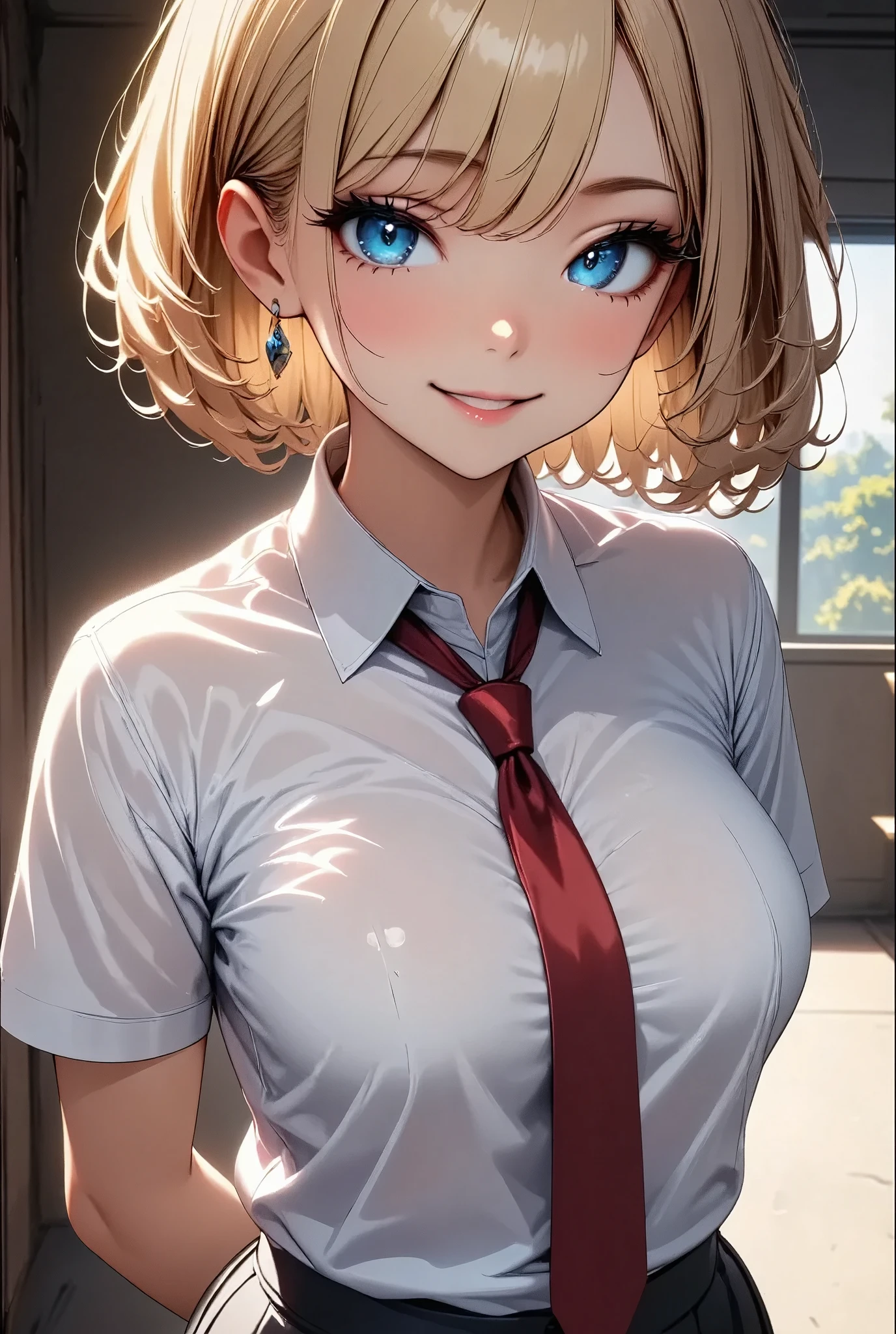 Beautiful young schoolgirl、 beautiful, detailed eyes、 Beautifully Detailed Lips 、 very detailedな顔と目、 long eyelashes 、 white shirt 、 red tie 、 pleated skirt 、smile、 is standing、Indoor Settings、Natural Light、Soft focus background、 Cinematic Composition 、 bright colors、 digital painting、 very detailed、CG illustration、8k、（Best Quality、4K、8k、 high definition、masterpiece：1.2）、Super detailed、