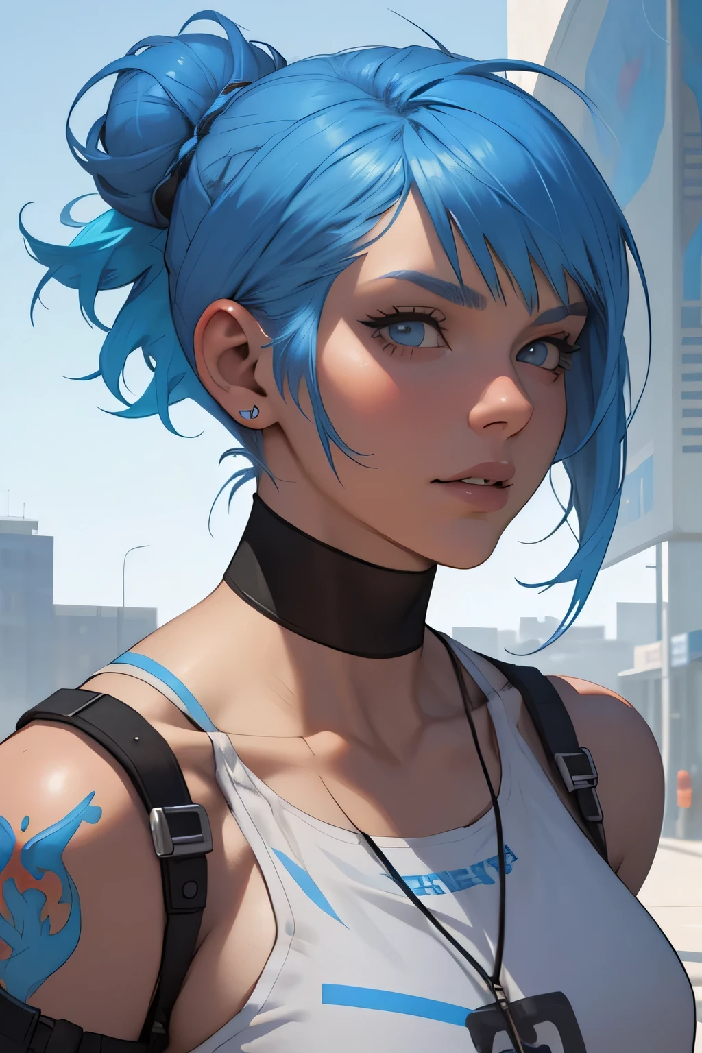 fantasy,concept art there is a woman with blue hair, short blue hair, with blue hair, blue short hair, short blue hair!!!, messy blue hair, halfbody headshot, blue hairs, blue hair, short blue haired woman, chloe price, sky blue highlights in hair, cyberpunk dyed haircut, flowing blue hair, brown hair with light blue ends, blue and black, LAUFEN, SHORT HAIR, DOUBLE BUN, BLUNT BANGS,