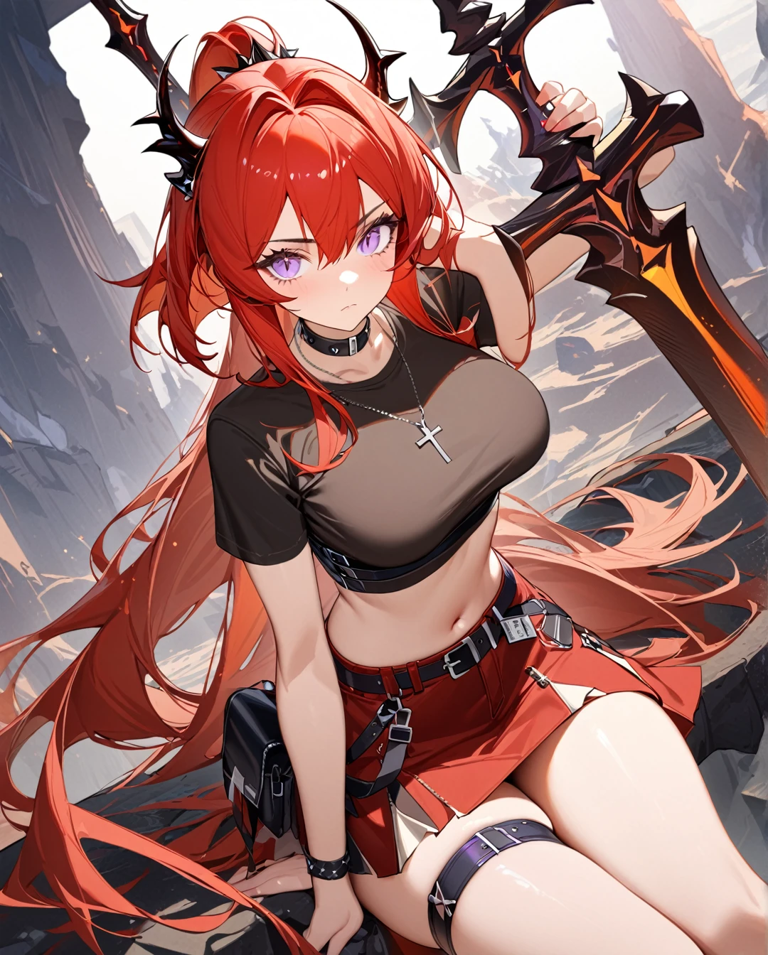 1girl,surtr (arknights),dramatic angle,Large sword, red large sword, holding sword,long hair,horns,red hair,skirt,purple eyes,shirt, jewelry,necklace,red skirt,cross,black shirt,cross necklace,short sleeves,belt,breasts,very long hair,midriff,bangs,ponytail,black belt,navel,thigh strap,choker,collar,medium breasts,crop top,black choker,miniskirt,ultra-detailed,(best quality),((masterpiece)),(highres),original,extremely,ⅾark background