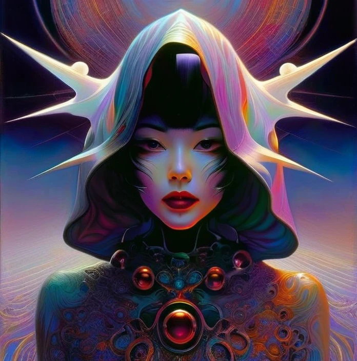 Style of Moebius that reflects the dichotomy of materialism and idealism, sadism and masochism. Satanism elements of dark thoughts colliding  with whimsical color movments and pervers ideologies, exaggerated features of any and all human elements,darkest dream like explicitly pornographic 1girl, Parted Lips, Depth Of Field, Hood, Halo, Impressionism, Anatomically Correct, Caustics, Abuse, Wide Shot, Negative Space, Atmospheric Perspective, exaggerated Expressionism, Hyperdetailed, Ruined, Smile, Teeth, Masterpiece, Best Quality, Image Fill, 