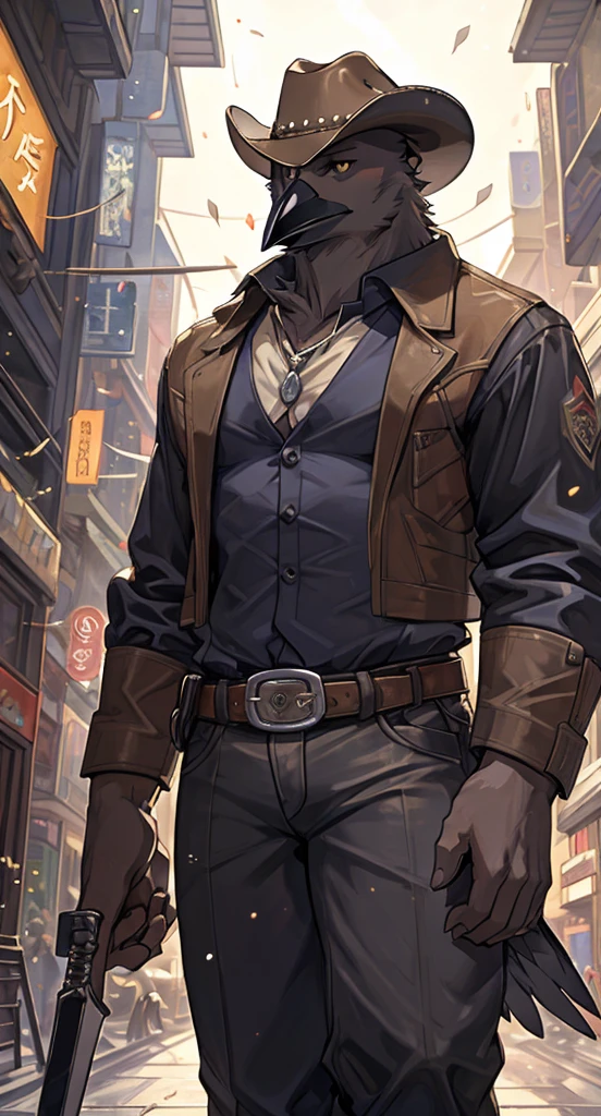  Game Art Style ,  Refined Art , masterpiece, ((Alone)),((  Male Crow )), expressive,  excellent anatomy, charm,Downtown Streets , Genius Hitman , Cyberpunk Style ,(((A pretty revealing cowboy costume))),  Throwing Knife, Black Feather,  golden eyes, Strong body,(((Very sexy crotch))), detailed background , 完璧なmasterpiece,  high quality,  High Resolution Writing Boundary Depth , perfect lighting, (Particles of light),(最 high quality),(masterpiece), sharp concentration,Particles of light