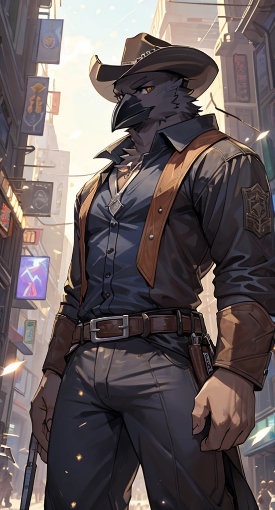  Game Art Style ,  Refined Art , masterpiece, ((Alone)),((  Male Crow )), expressive,  excellent anatomy, charm,Downtown Streets , Genius Hitman , Cyberpunk Style ,(((A pretty revealing cowboy costume))),  Throwing Knife, Black Feather,  golden eyes, Strong body,(((Very sexy crotch))), detailed background , 完璧なmasterpiece,  high quality,  High Resolution Writing Boundary Depth , perfect lighting, (Particles of light),(最 high quality),(masterpiece), sharp concentration,Particles of light