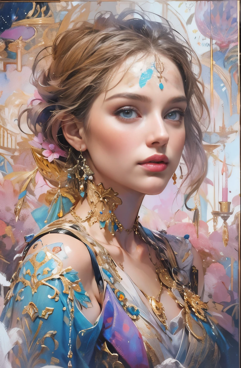 Beautiful Girl, 18 years old with slim body, (noble's daughter in 17th century:1.6), (Influence of impressionist painters, monet's style painting:1.4), white silver Messy Hair, beautiful Perfect Face, Soft Skin, Perfect Face, Big firm Breasts, hard nipples, Sexy, Sharp Eyes, Break, dynamic sexy poses, sweat, wearing dark red long frilly dress, lace fabric long cape, jewelries, cleavage is exposed, Add light purple and purple, Add Light Red, Intricate details, Splash screen, 8K resolution, masterpiece, (vienna in 18th century, opera house:1.8), (Mysterious, Gorgeous, noble:1.3), Sharp Eyes, Break
