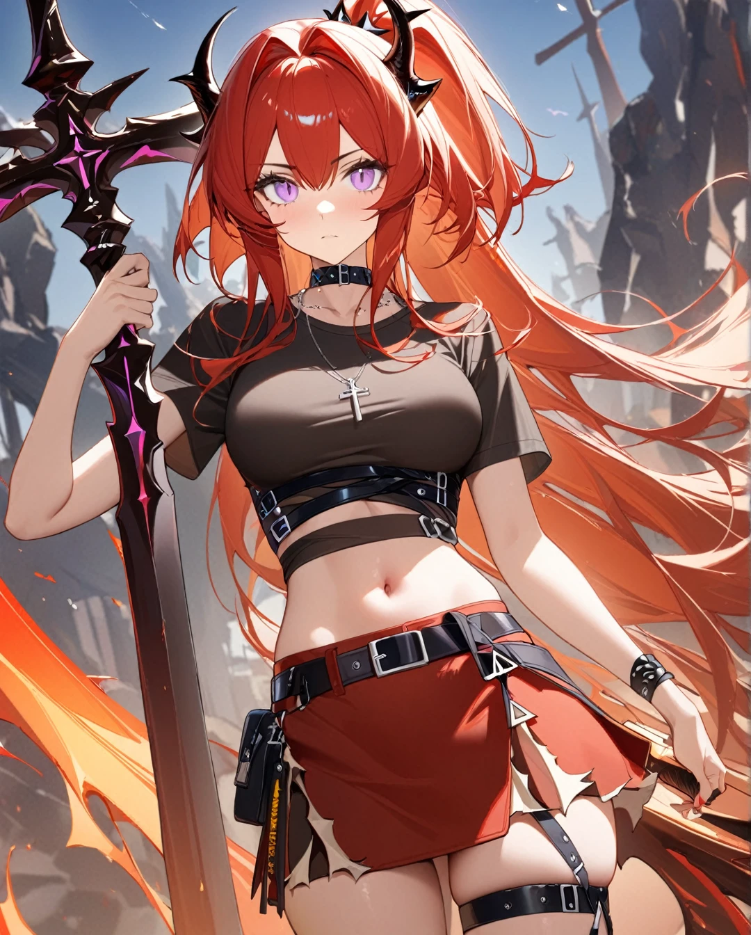 1girl,surtr (arknights),dramatic angle,Large sword,red large sword,holding sword,battoujutsu stanc,long hair,horns,red hair,skirt,purple eyes,shirt, jewelry,necklace,red skirt,cross,black shirt,cross necklace,short sleeves,belt,breasts,very long hair,midriff,bangs,ponytail,black belt,navel,thigh strap,choker,collar,medium breasts,crop top,black choker,miniskirt,ultra-detailed,(best quality),((masterpiece)),(highres),original,extremely,ⅾark background