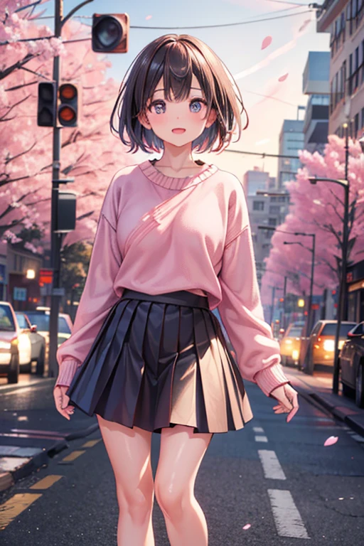 1girl standing in middle of road, pink cherry blossoms, wearing pink sweater and short skirt, fashionable, balanced harmonious rhythmic composition, natural colors lighting, reflections refractions, tonal contrasts, foreground midground background elements, representational metaphorical style, (best quality,4k,8k,highres,masterpiece:1.2),ultra-detailed,(realistic,photorealistic,photo-realistic:1.37),HDR,UHD,studio lighting,ultra-fine painting,sharp focus,physically-based rendering,extreme detail description,professional,vivid colors,bokeh