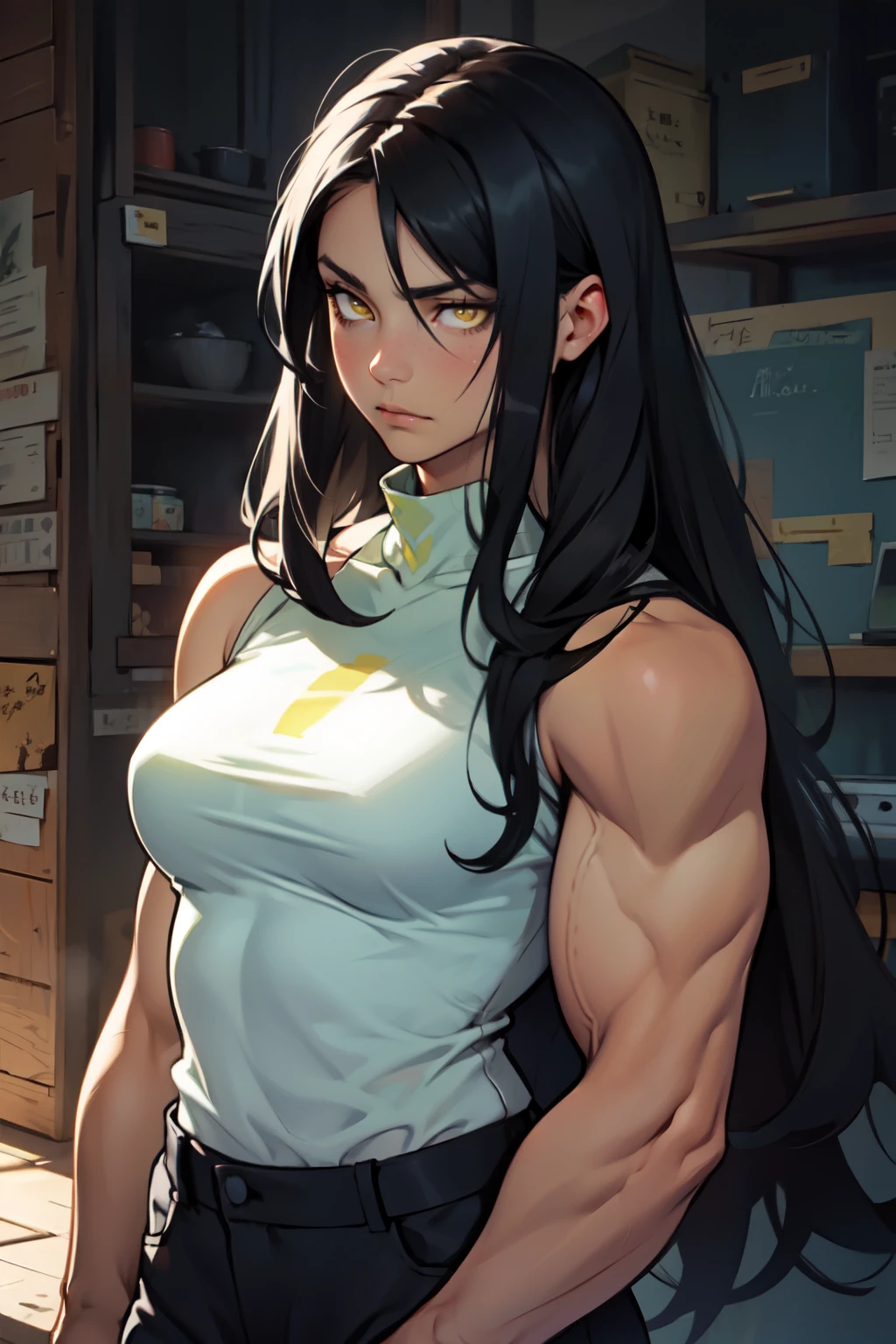 huge hair huge muscles huge breasts muscular girl huge hair huge muscles huge breasts muscular girl pale skin black hair yellow eyes sad frown expressionless