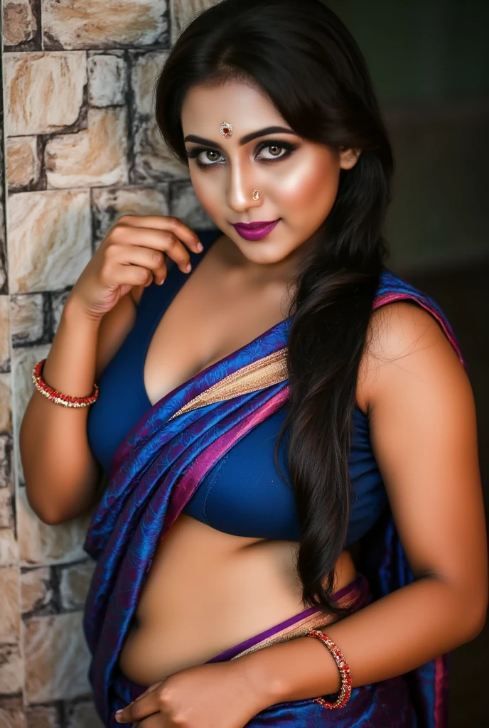 The image is a high-resolution photograph capturing a woman in a traditional Indian setting. The subject is a young woman with a medium skin tone, straight dark brown hair cascading down her back, possibly of South Indian ethnicity, high ponytail with loose strands framing her face. She has a small bindi (a decorative mark) on her forehead, styled in a traditional Indian attire. She has a voluptuous figure with large breasts, adorned with intricate embroidery. The blouse is paired with a deep blue, high-waisted blouse that highlights her ample bust. This is a high-resolution photograph featuring a woman of South Asian descent, seducing pose, magenta, with a medium skin tone and long, bespectacled, and she has applied a touch of red sindoor, dark hair cascading around her. Her eyes are closed, Maria, draped elegantly over a black blouse that accentuates her medium-sized breasts and hourglass figure., dark brown hair cascading down her back. Her facial features are striking, hinting at a modest, wavy black hair cascading over her shoulders. She is wearing a vibrant pink blouse with white floral patterns and a white saree draped over her shoulder. The image is a high-resolution photograph of a woman, Her face is similar to 1girl Maria, Make her same as Maria