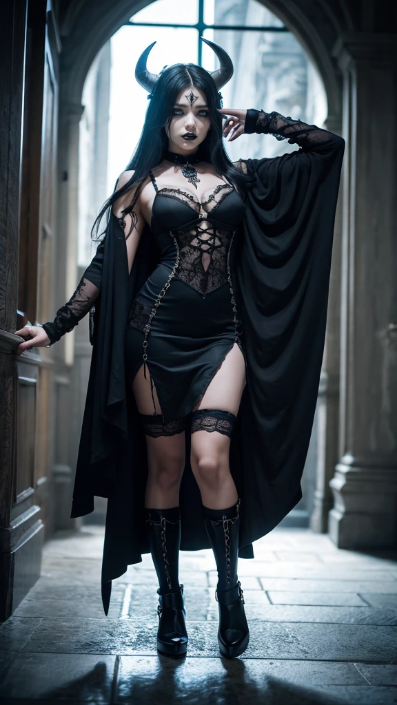 Female vampire Fantasy Front of face Clear Full-body strap black dress Black Cape Black choker Brown Hair Black headband high heels Mesh Socks