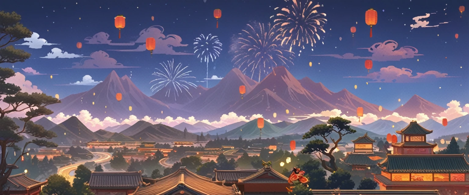 Chinese style， red background ，Depth of Field，Vision，Scene Graph，far away，Vision，Tree，Auspicious Clouds，Cirrus ，Original painting style， has no buildings，Distant Mountains，Clarity，HD， holiday atmosphere，Spring Festival，far away的灯笼和孔明灯，night，Season ，Sense of atmosphere，Ink，Ink，Horizontal screen，Thin and light，clean， blue purple sky ，fireworks，Big scene，The Great Tang Dynasty、阖家joy， no one，On the side of the angle ，bustling，, I only see the roof ，street，ground，far away的小孔明灯，松Tree，joy，Mountains and Rivers，red environment，Warm light，The mountain is very short