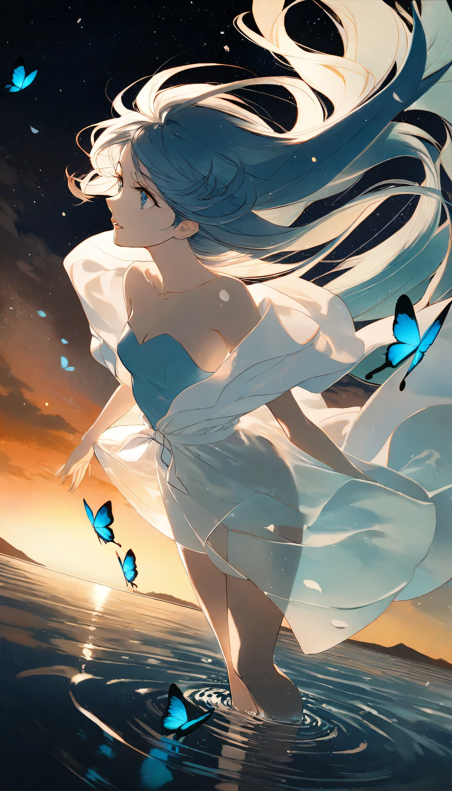 by rella, by Yoshitaka Amano, 1girl, 
beautiful face, parted lips, flat chest, splashing collarbone, detailed long hair, floating hair, wind effect,
strapless, bare shoulders, open shirt, designed by Conrad Roset,
standing on lake, water, barefoot, ripples, soft shadows, blue sky, cloud, cloudy sky, starry sky, space, nebula, aurora, milky way, petals, flowers, Butterfly, Blue Butterfly, particle,
looking away, perspective from above,
[celluloid:pseudo-impasto:0.6], 
beautiful, aesthetic, elegance, ethereal beauty, transparent, clarity, detailed, intricate details, absurdres, beautiful color,
masterpiece, amazing quality, best quality, high quality, 4K, 8K, K, UHD,