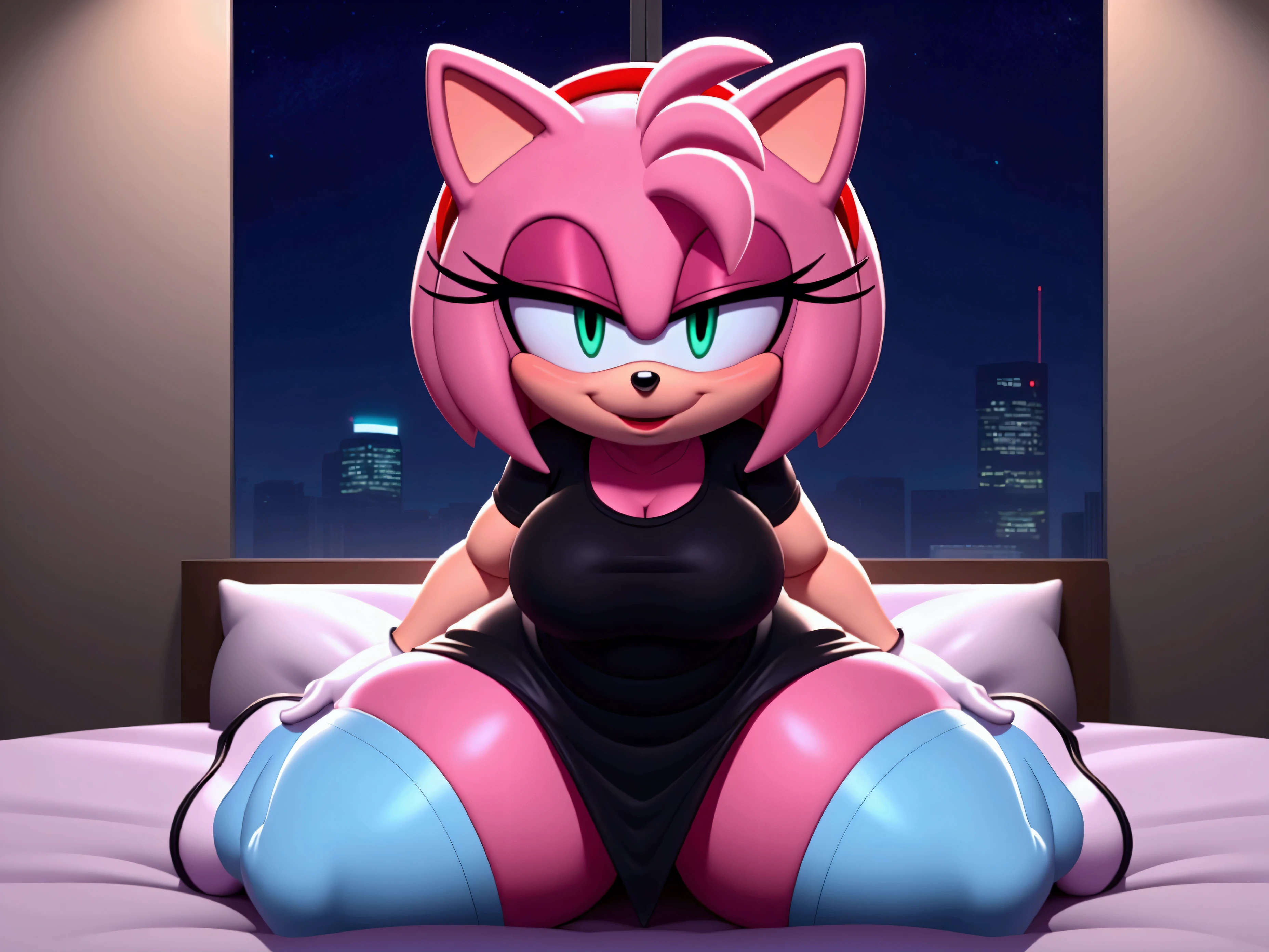 Amy rose, ,sitting on her knees facing forward ,in bed,in the background the city at night ,,lights on the ceiling,flirtatious look, white gloves,Smiling,large thighs,white skirt ,sky blue stockings with black straps,green eyes,white shoes , black t-shirt