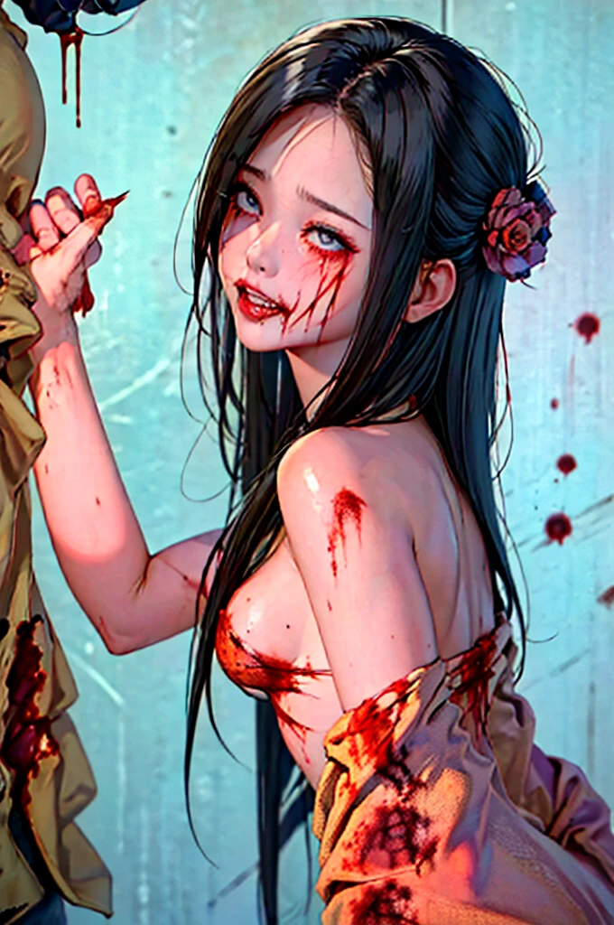 (Best Quality),Highly detailed,Super detailed, 1 girl, (beautiful girl),((Baby Face)), ((High school girl)), (Dark atmosphere), (Dim lighting), (( sexy)),( small breasts),Black Hair, bob cut , (Completely naked), Halloween , (( zombie cosplay)),(((Zombie Makeup))),(((Bloody, My body is covered with blood ))),(((血とsemenで全身がドロドロ))), (( pink nails for )), ((Masturbation)),(( sex, sexual behavior, standing back)), (fellatio), (semen), ( Pizzurri),( happy expression), (Seductive expression), (( ecstatic expression)),((Facial,Being ejaculated on the face)),((happy tears)),(口の中にsemenが溢れている)