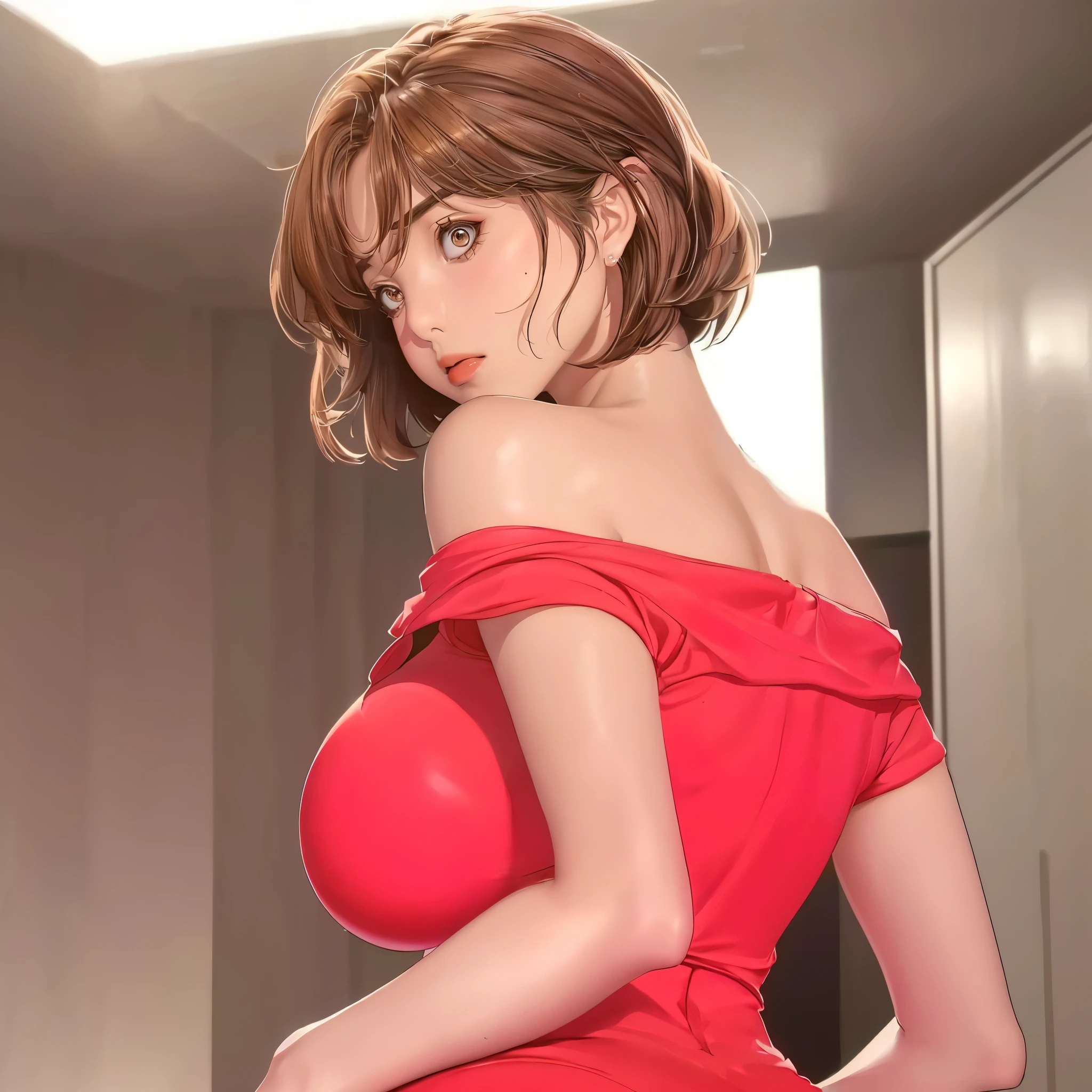 (（（figure，御姐figure,White and tender skin,（（（red hip wrap dress，Short sleeve，Off Shoulder，）））,(（（Soridef，brown eyes，brown hair，short hair,））),，((masterpiece)), highres icon,((Best quality at best)),masterpiece,quality,Best quality,(（（  to the audience,Light in the eyes）））,Huge breasts,苗条figure, Black background，）））