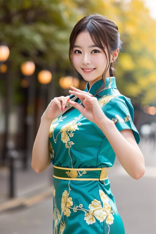 Photo-realistic quality、Japanese model posing for kung fu wearing a blue china dress、The background is a row of yellow ginkgo trees 、 looking at the camera、Rin々A good appearance、Detailed and beautiful eyes、Cute smile、 soft and gentle expression 