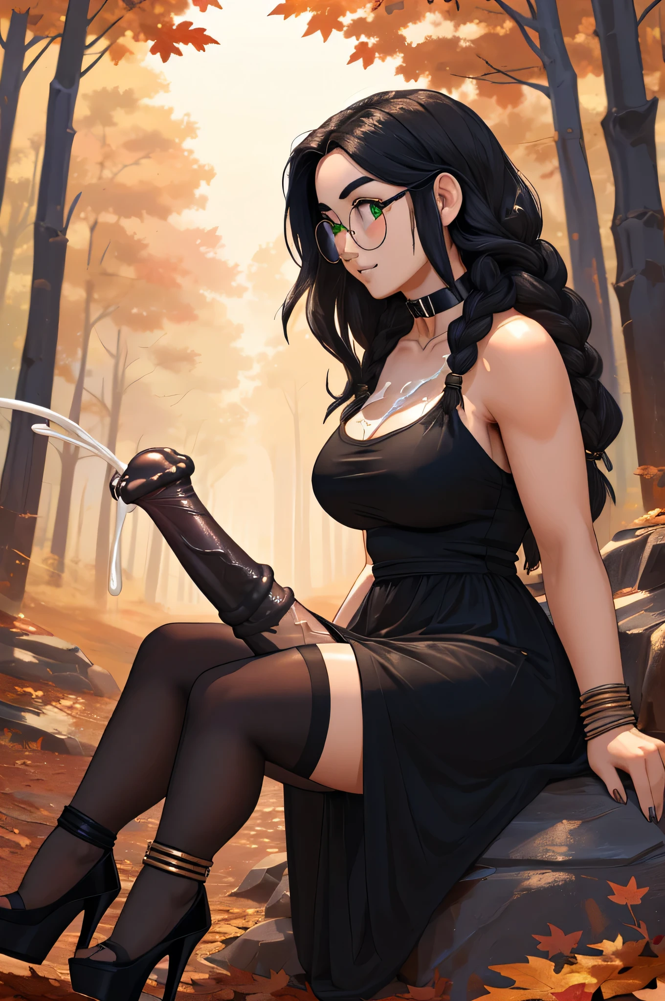 solo, (woman), ((human)), ((full body)), (fit body), (large breasts), (light skin), medium hair, black hair, braids, green eyes, (goth), ((smiling)), (side view)), ((view from middle side)), (leaning back), (looking upwards), (anklets), (bracelets), ((choker), ((collar)), (stockings), (sundress), (high heels), ((round glasses)), ((round eyewear)), outside, forest, autumn, ((futanari)), ((black penis)), ((erection)), ((flared penis)), ((flared penis tip)), ((ejaculating)), (()), ((cumming)), ((excessive semen)), ((excessive cum)), ((cum on face)), ((semen on face)), ((cum on clothes)), (((penis sticking out from under dress)))