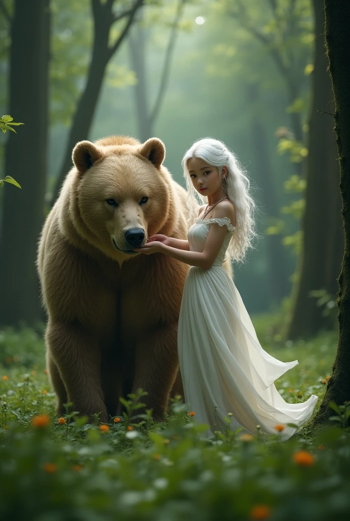 Create an elf with white hair and a bear