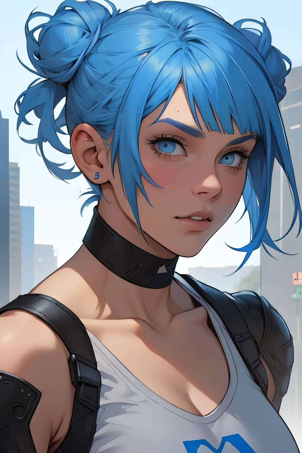 fantasy,concept art there is a woman with blue hair, short blue hair, with blue hair, blue short hair, short blue hair!!!, messy blue hair, halfbody headshot, blue hairs, blue hair, short blue haired woman, chloe price, sky blue highlights in hair, cyberpunk dyed haircut, flowing blue hair, brown hair with light blue ends, blue and black, LAUFEN, SHORT HAIR, DOUBLE BUN, BLUNT BANGS,