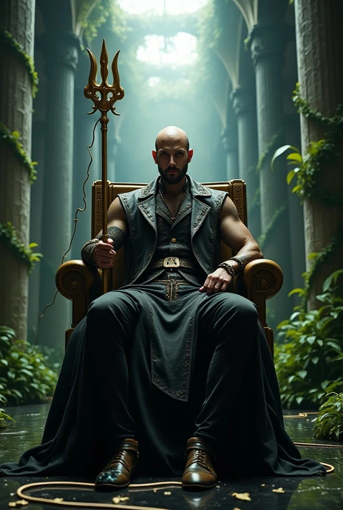 In the background, above, near the ceiling at a very far distance from the man, there is a real giant spider resting in its web looking at the man, one person, 1 man, photorealistic portrait of a character including a full body image, physique huge and muscular, handsome, very tall, bald, shaves his head, American. pale skin, white skin, distant shot, naked man dressed in Arabian Nights costume, huge thighs, muscular chest and shoulders, elaborate kimono style skirt, blue red gold swimsuits, magical symbol woven with gold thread on His clothes, action hero, intricate and detailed drawing. In the background, above, near the ceiling at a very far distance from the man, there is a real giant spider resting in its web looking at the man, the setting is gloomy and castle-like.