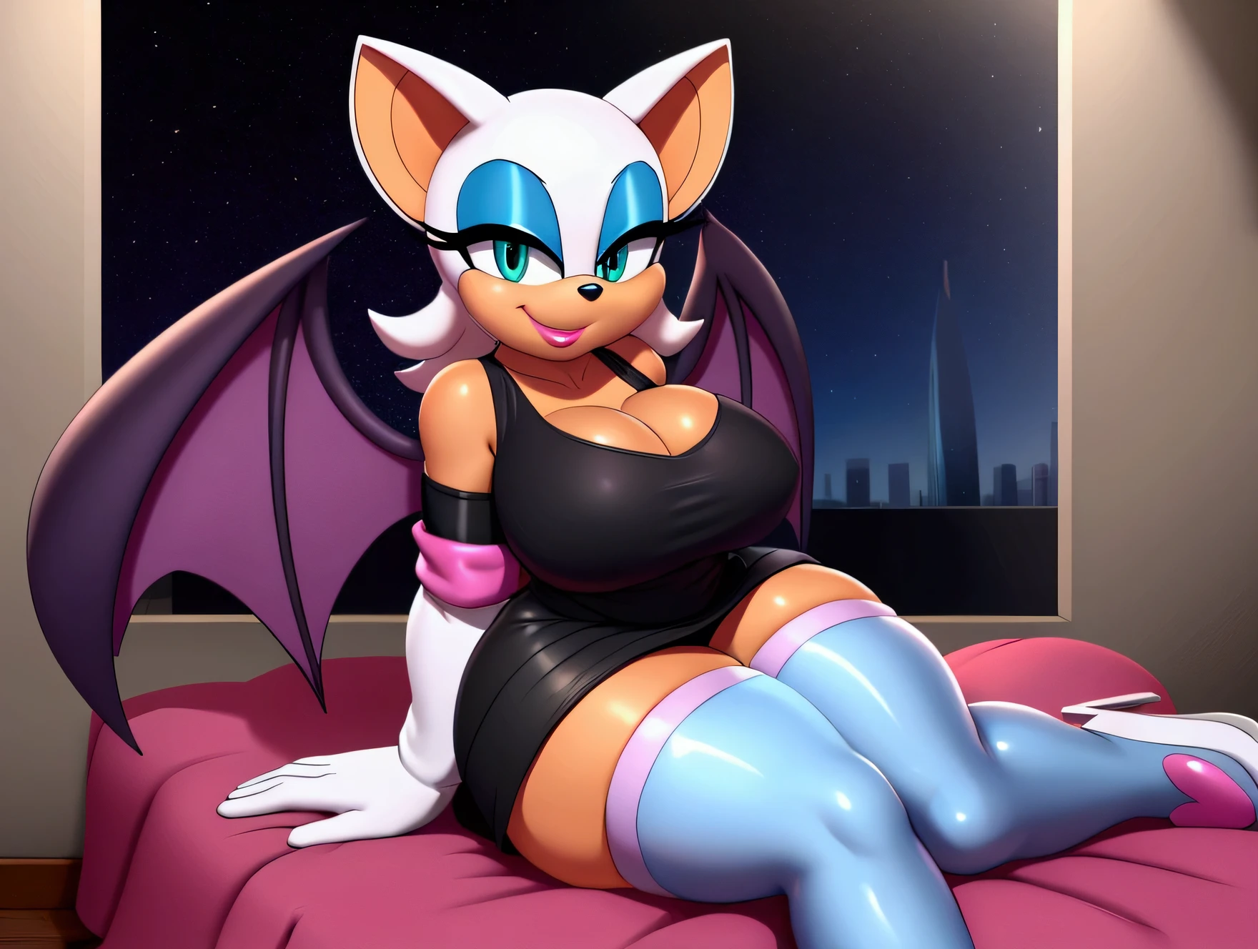 Rouge the bat ,sitting on her knees facing forward ,in bed,in the background the city at night ,,lights on the ceiling,flirtatious look, white gloves,Smiling,large thighs,white skirt ,sky blue stockings with black straps,green eyes,white shoes , black t-shirt