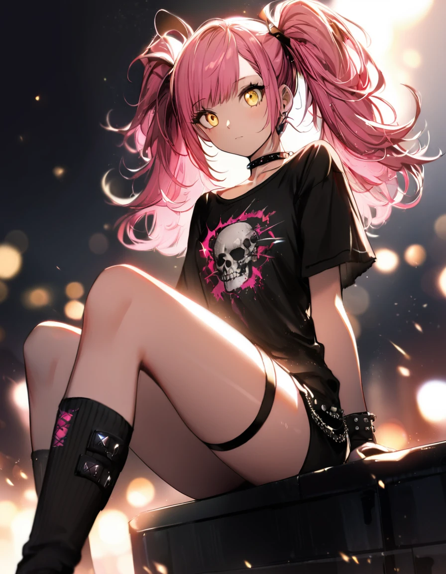 Cold, tsundere, dark red and black eyes, secretly softie, hot, massive tits, girly and stylish outfit, on phone, hot bully, smug, sassy, bitch, high-top shoes with black and white heels, black and pink aesthetic, a bit emo and goth, black shiny lips, wearing black makeup, black long lush hair with “Batcaver” style, sitting with legs crossed, street alley background, sitting on one of the rails, blowing a piece of pink bubble gum, graffiti art on tight top, graffiti art in background, black fingerless gloves with lacing, netted stockings and black ripped shorts, skull and spiked choker, earrings, black puffed street-goth jacket, side camera angle