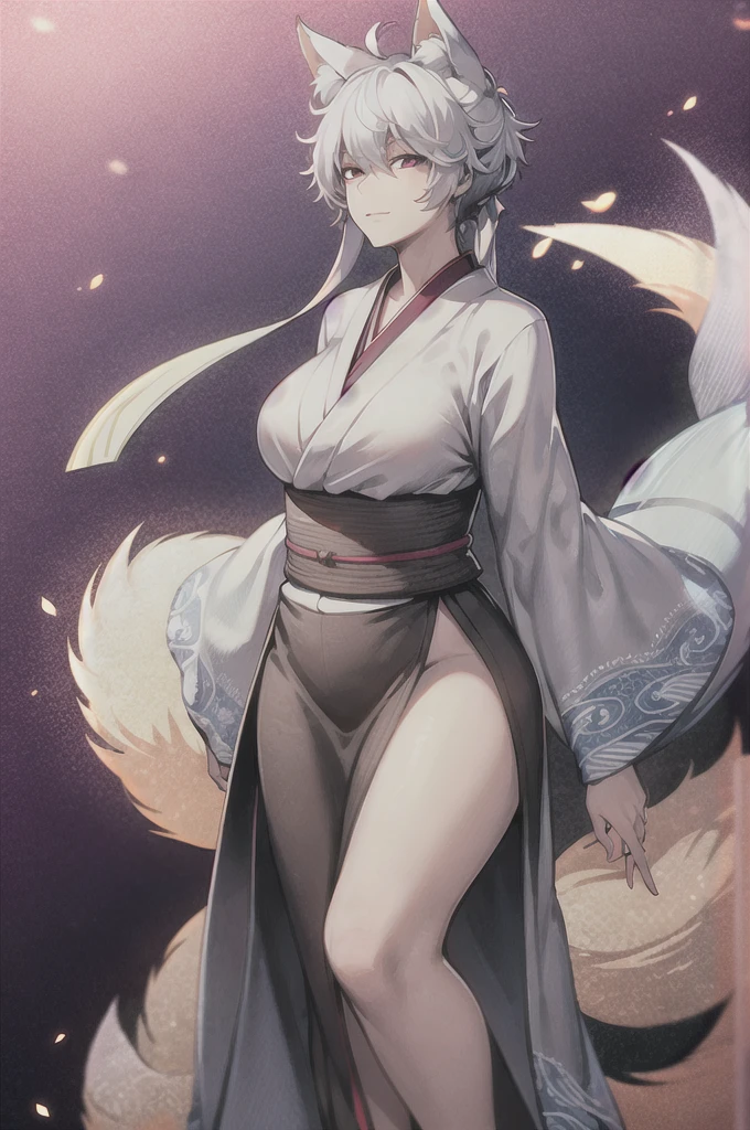 Gintoki Fox ears, nine fox tails, silver perm hair, red eyes, kimono