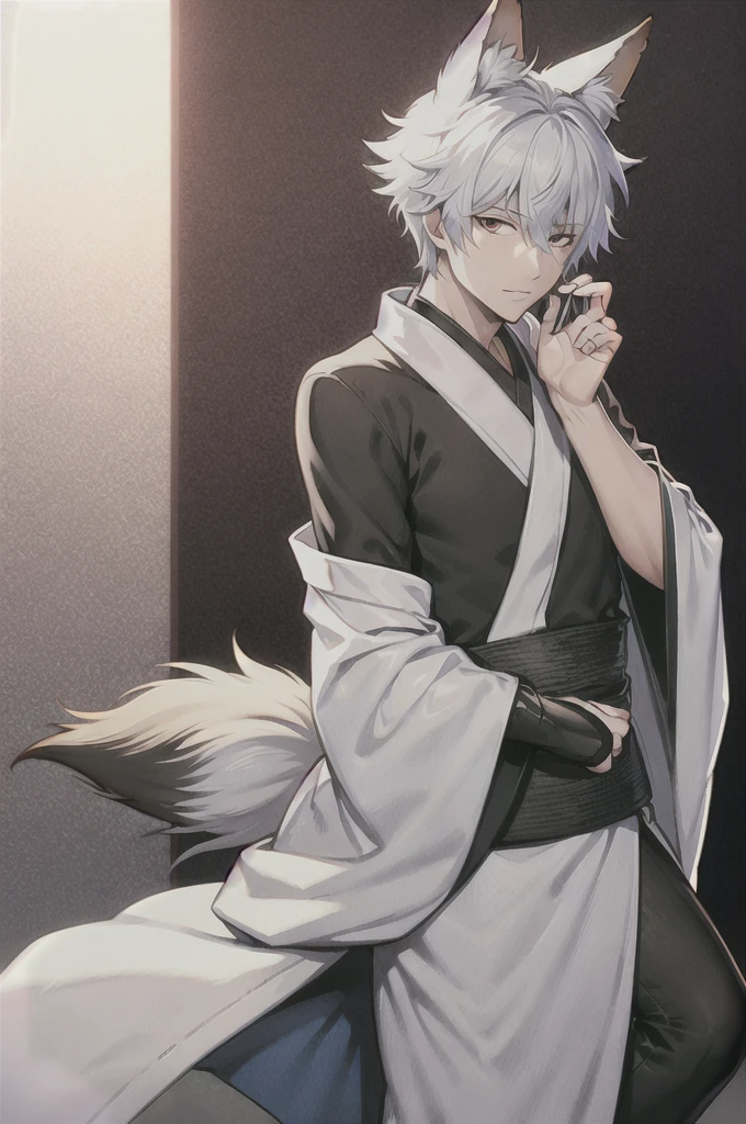 Gintoki Fox ears, nine fox tails, silver perm hair, red eyes, kimono