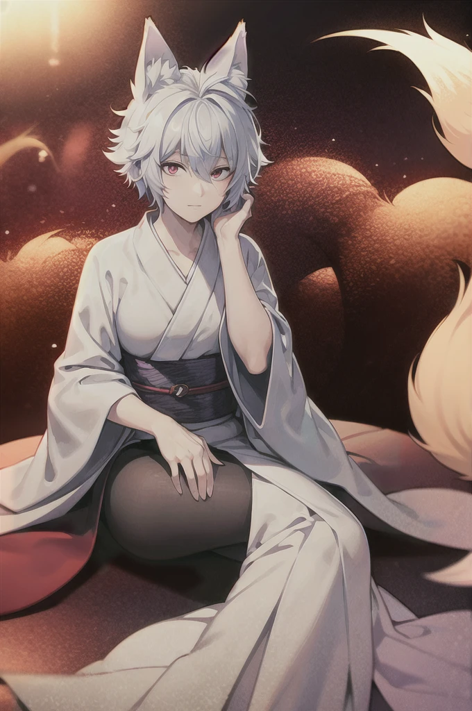 Gintoki Fox ears, nine fox tails, silver perm hair, red eyes, kimono