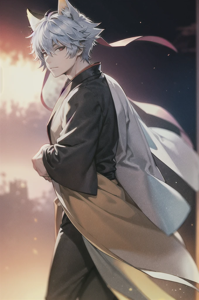 Gintoki Fox ears, nine fox tails, silver perm hair, red eyes, kimono