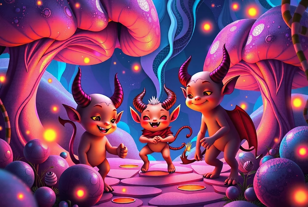   A vibrant, psychedelic scene of mischievous little devils in an enchanted, surreal landscape, with the devils grinning playfully as they perform tricks and pranks, tiny flames and magical sparkles trailing from their hands and tails.Detailed portrayal of these whimsical, impish devils with vivid colors – fiery reds, neon purples, electric blues – each with unique expressions and poses as they jump, laugh, and pull pranks in a fantastical, otherworldly space, their horns and tails glowing against the swirling colors.chanted environment filled with swirling, neon-colored clouds, oversized mushrooms, and glittering, warped plants, casting surreal shadows and vibrant reflections, as if in a magical forest that’s alive with the devils’ mischievous energy. The mood is playful, chaotic, and full of life, with a sense of innocent fun and mischief in every character’s expression, creating a feeling of lighthearted trouble in an otherworldly paradise. Detailed psychedelic illustration with bright colors, neon accents, and intricate textures. Rendered using Adobe Illustrator with custom brushes for swirling textures, high-contrast neon colors, ultra-high resolution, 8K quality for sharp detail, vivid, bold lighting to enhance the energetic atmosphere.