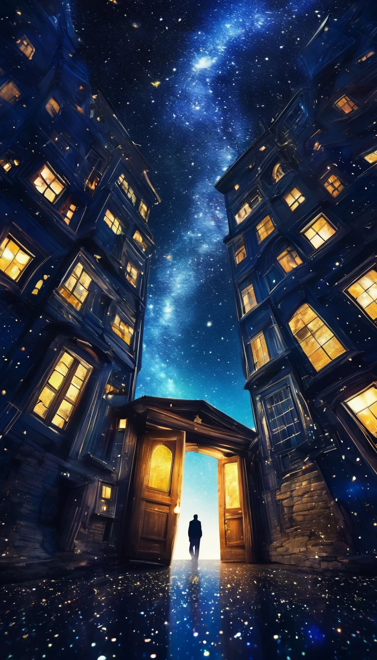  Double Exposure ，Silhouette of a door to another dimension, level flight，Midnight, Fusion with a starry night,  horizon , In the sky, Town, Colorful,  high definition, 8k