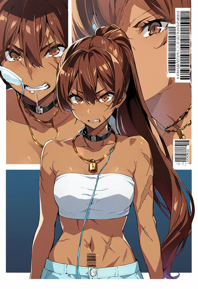 1 girl, brown skin,  brown hair with ponytail ,  brown eyes, long eyelashes, Skinny with slight curves, bandeau top,  panties dental floss,  barcode on the lower abdomen, scars on the body, necklace glued around the neck with padlock,  expression of fear, anime, front view 