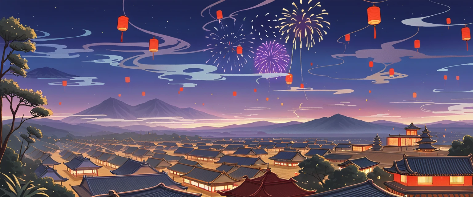 Chinese style， red background ，Depth of Field，Vision，Scene Graph，far away，Vision，Tree，Auspicious Clouds，Cirrus ，Original painting style， has no buildings，Distant Mountains，Clarity，HD， holiday atmosphere，Spring Festival，far away的灯笼和孔明灯，night，Season ，Sense of atmosphere，Ink，Ink，Horizontal screen，Thin and light，clean， blue purple sky ，fireworks，Big scene，The Great Tang Dynasty、阖家joy， no one，On the side of the angle ，bustling，, I only see the roof ，street，ground，far away的小孔明灯，松Tree，joy，Mountains and Rivers，red environment，Warm light，The mountain is very short