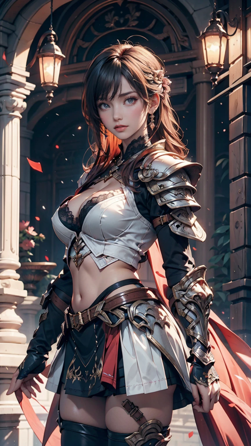 Sexy woman in platinum and pink lotus lace armor skirt,  Shoulder detail armor , Jan J,  detailed fantasy art,  Breathtaking Character Art ,  fanart best artstation ,  Spectacular Exquisite Character Art  , Beautiful Armor,  extremely elaborate art germ ,  Detailed Digital Anime Art , Artgerm on ArtStation Pixiv, Girl in Armor,  Large Cleavage :1.2, ( miniskirt:1,5)