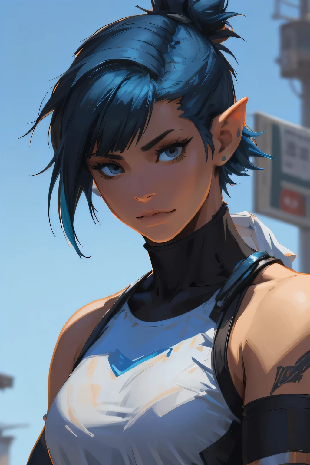 fantasy,concept art there is a woman with blue hair, short blue hair, with blue hair, blue short hair, short blue hair!!!, messy blue hair, halfbody headshot, blue hairs, blue hair, short blue haired woman, chloe price, sky blue highlights in hair, cyberpunk dyed haircut, flowing blue hair, brown hair with light blue ends, blue and black, LAUFEN, SHORT HAIR, DOUBLE BUN, BLUNT BANGS