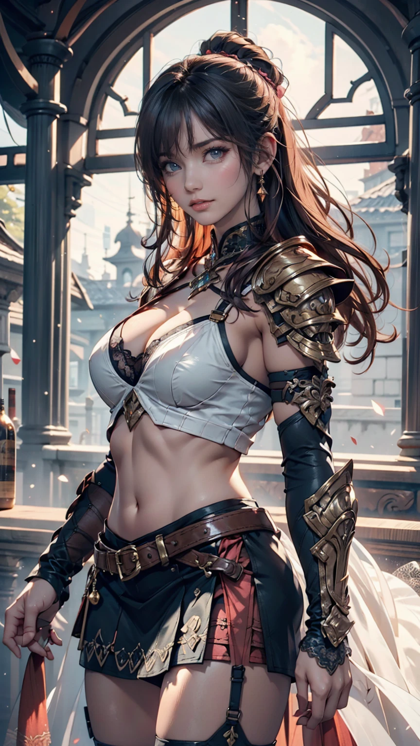 Sexy woman in platinum and pink lotus lace armor skirt,  Shoulder detail armor , Jan J,  detailed fantasy art,  Breathtaking Character Art ,  fanart best artstation ,  Spectacular Exquisite Character Art  , Beautiful Armor,  extremely elaborate art germ ,  Detailed Digital Anime Art , Artgerm on ArtStation Pixiv, Girl in Armor,  Large Cleavage :1.2, ( miniskirt:1,5)