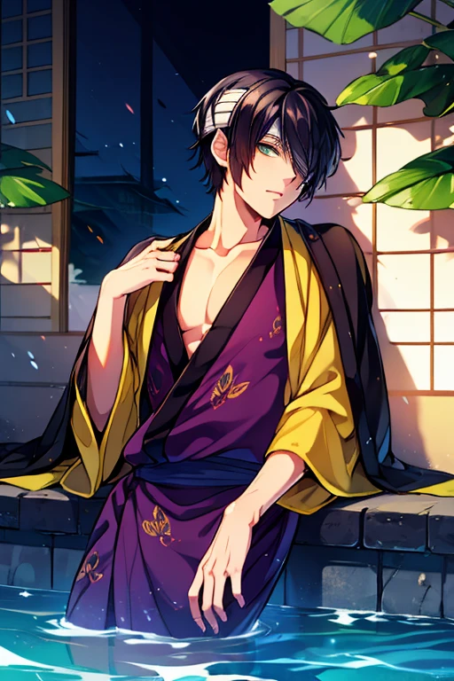 takasugi 1male, green eyes, short hair,  black hair, solo, japanese clothes, kimono, hair over one eye, bandages, bandage over one eye, ear fins, sharp nails, water scenary