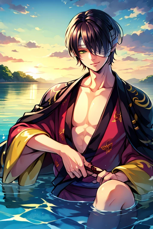 takasugi 1male, green eyes, short hair,  black hair, solo, japanese clothes, kimono, hair over one eye, bandages, bandage over one eye, ear fins, sharp nails, water scenary