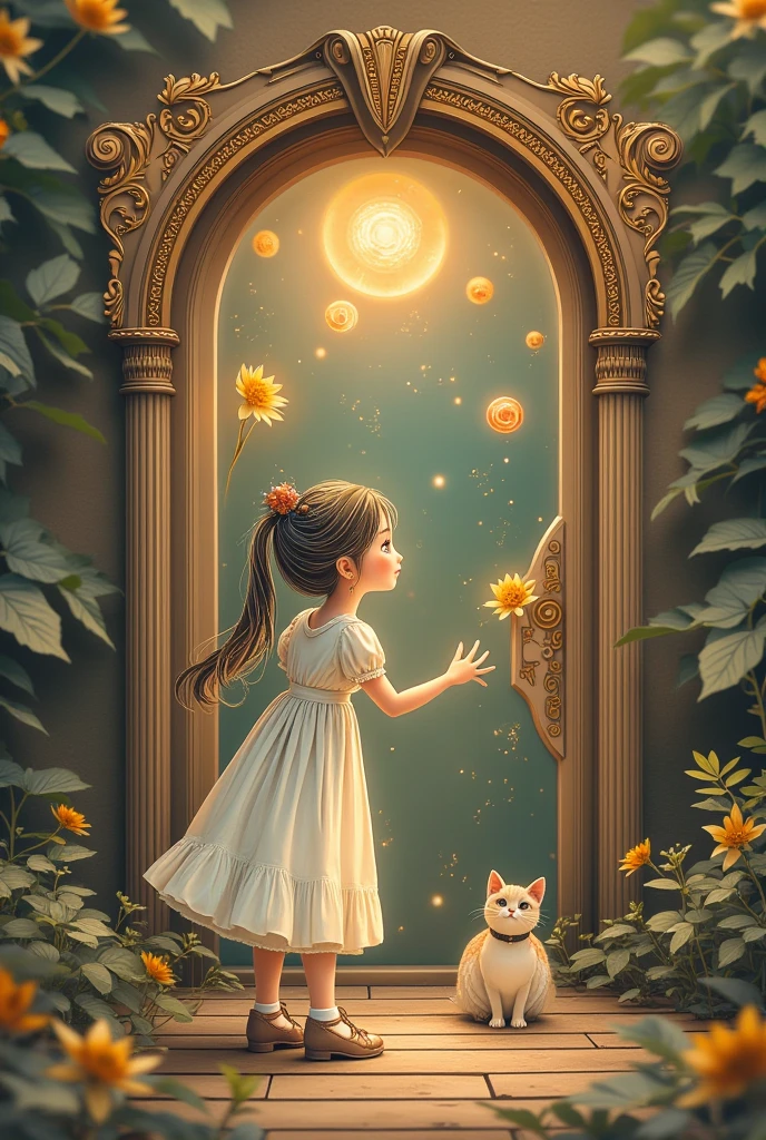 異世界へのDoor、 fantasy　Star　Girl with cat,  Studio Ghibli ,  best quality,  masterpiece ,   very pretty  , Perfect composition,   complicated details in Shanghai, China,   super detailed 　Door　