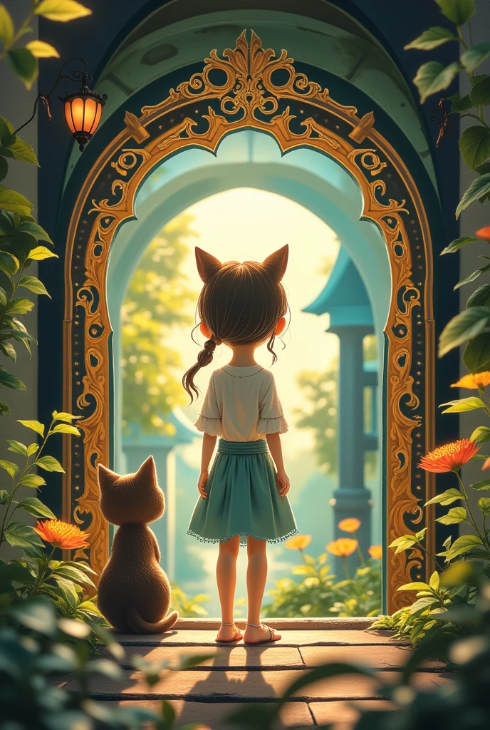 異世界へのDoor、 fantasy　Star　Girl with cat,  Studio Ghibli ,  best quality,  masterpiece ,   very pretty  , Perfect composition,   complicated details in Shanghai, China,   super detailed 　Door　