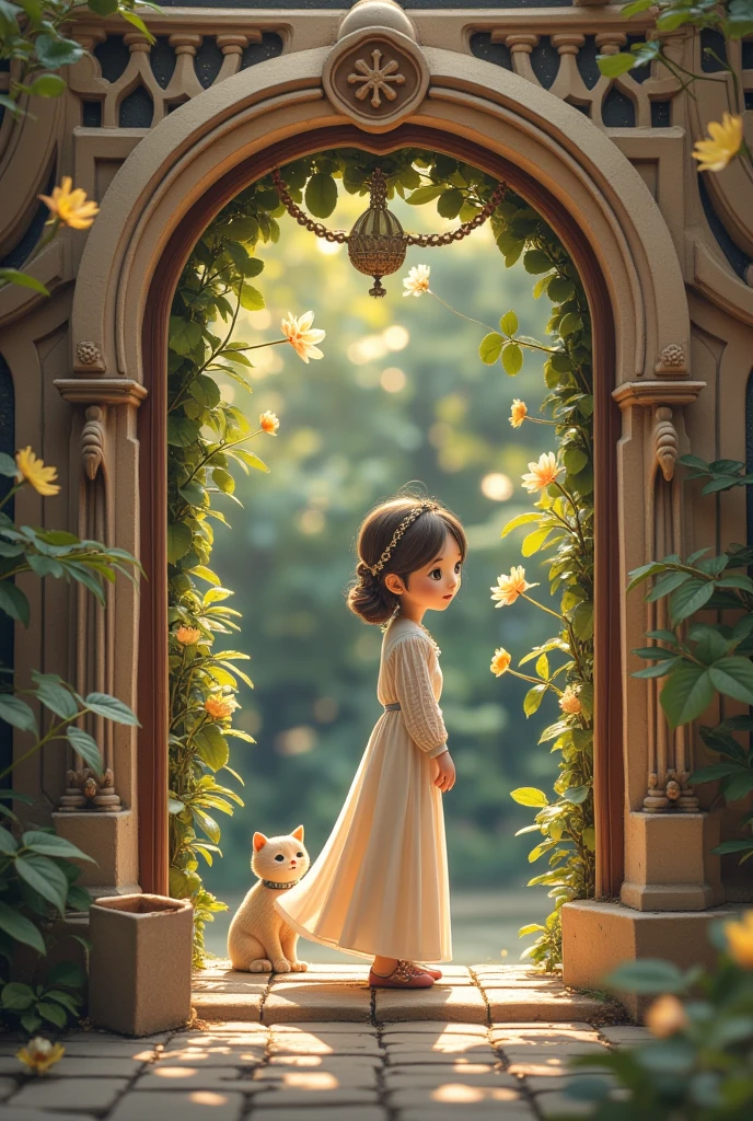 異世界へのDoor、 fantasy　Star　Girl with cat,  Studio Ghibli ,  best quality,  masterpiece ,   very pretty  , Perfect composition,   complicated details in Shanghai, China,   super detailed 　Door　