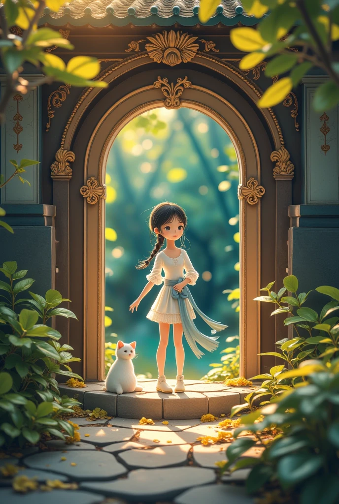 異世界へのDoor、 fantasy　Star　Girl with cat,  Studio Ghibli ,  best quality,  masterpiece ,   very pretty  , Perfect composition,   complicated details in Shanghai, China,   super detailed 　Door　