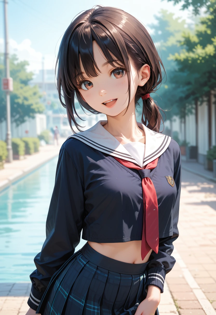 Score_9,Score_8_up,Score_7_up,highest quality anime,detailed,depth of field,high-resolution,1 girl,slim,small breasts,(black low ponytail hair),(Ideal slender proportions),(school uniform),happy