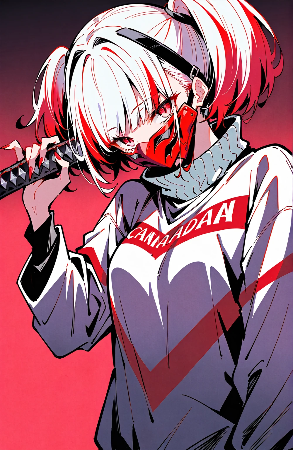 Illustrator, Anime , It is true ,draft , 1 girl, ,Lips, sweater,order,  gradient red background, Neon hair,Texture Trim, Canadian, ( Masterpiece,Highest quality),Japanese masked , holding silver samurai sword  