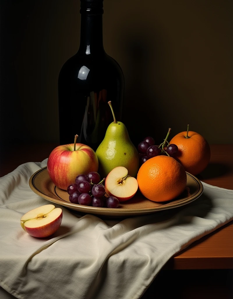 Hello, can you help me create a photo of a hyperrealistic oil painting of a light, reddish wooden bowl, containing: an Anjou pear, a red and a green apple, a bottle of Chianti, an Italian bread, and a cheese, a fusion of styles of Zurbarán, Caravaggio and Rembrandt, photorealistic, UHD, 16K, thanks