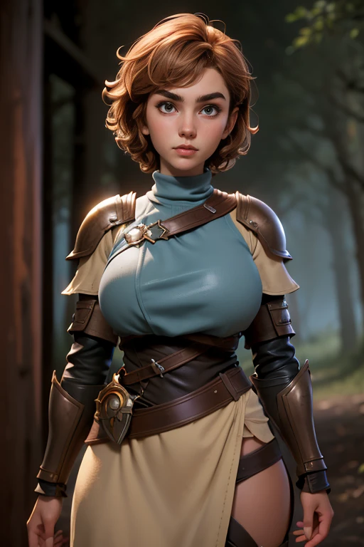 ((high resolution)), athletic, defined muscles, ((pale skin)), freckled, brunette teen, with blue eyes, curly pixie haircut, ((large breasts)), naked, sexy armor, steampunk, Victorian city