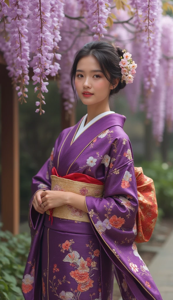 "A hyper-realistic portrait of an woman wearing a stunning, traditional Japanese kimono, standing gracefully against the backdrop of a beautiful Japanese garden adorned with a wisteria trellis. Her kimono is an elaborate piece, with a deep, rich purple as the primary color, symbolizing elegance and refinement. The fabric is adorned with intricate patterns of flowers, each petal and leaf rendered in vibrant hues that stand out against the purple base. The kimono features subtle motifs of nature, including stylized florals, delicate fans, and symbolic emblems that represent traditional Japanese aesthetics. Each design element on the kimono is outlined with fine gold threads, adding a subtle shimmer that catches the light as she moves.

Her obi, a wide sash around her waist, is tied in an elegant bow at the back, with shades of soft gold and cream that harmonize beautifully with the purple tones of her kimono. The obi features a subtle floral pattern, echoing the motifs on the kimono, and is wrapped with a decorative cord that adds a touch of sophistication to her overall attire. Her sleeves flow gracefully, with the inner lining revealing a contrasting color that adds depth and dimension to her silhouette. A beautiful Indian women with perfect intermediate body structure nd bust size 32 b, with perfect beautiful front posing view and cherry blossoms leaves falling 
