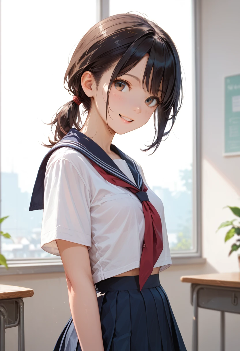 Score_9,Score_8_up,Score_7_up,highest quality anime,detailed,depth of field,high-resolution,1 girl,slim,small breasts,(black low ponytail hair),(Ideal slender proportions),(school uniform),happy