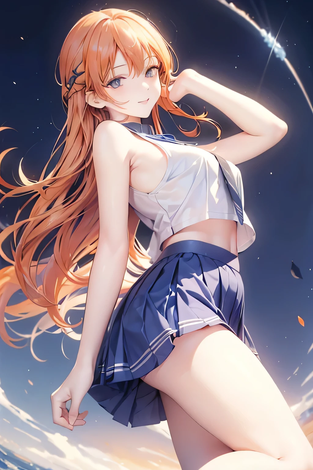 (Extreme detail CG Unity 8K wallpaper, Masterpiece, Highest Quality), (exquisite lighting and shadow, highly dramatic picture, Cinematic lens effect), (Fuku Sailor's School Uniform : 1.1), Adorable smile, Double Ponytail, blue eyes, blond hair, tight top, white gloves, mini skirt, dynamicpose), the background is the universe (great details, great lighting, Wide angle), (Excellent rendering, Basta, To stand out in your class), (Beautiful panties, peeking out from under the skirt :1.4), (Beautiful butt), (Upskirt, Lifted by the Wind), (tail on the lower back: 1.4) Salute, (((NSFW))), little chest), beautiful breasts, (((NSFW)))