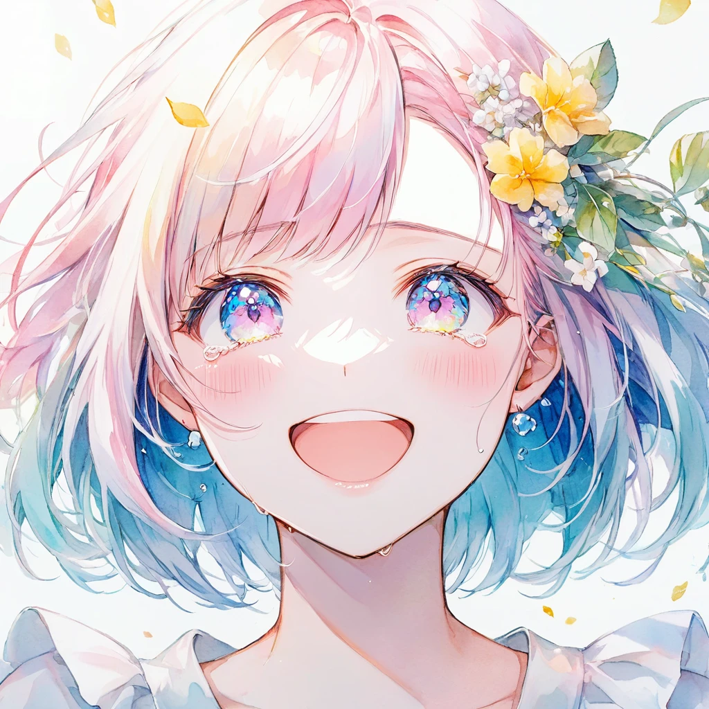 ((pastel、 watercolor style ))、1 woman,face,Tears on the Right Cheek Bokuro ,front, gradient eyes ,Laughter,happiness, The background is a clear day, Moderate Blur , Strong Vignette Masterpiece,Best Quality,Exquisite,8k, absurd, super detailed illustrations on white paper ,( Viewers )